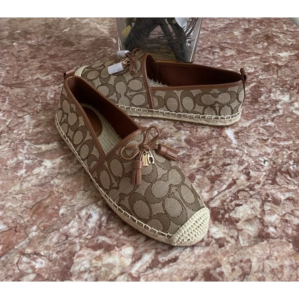 New Coach Carson Women's Espadrille Khaki/Saddle Canvas Loafer Shoes Size 8B